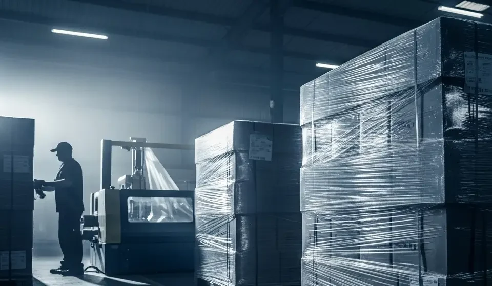 Stretch wrap film applied on industrial pallet for secure packaging